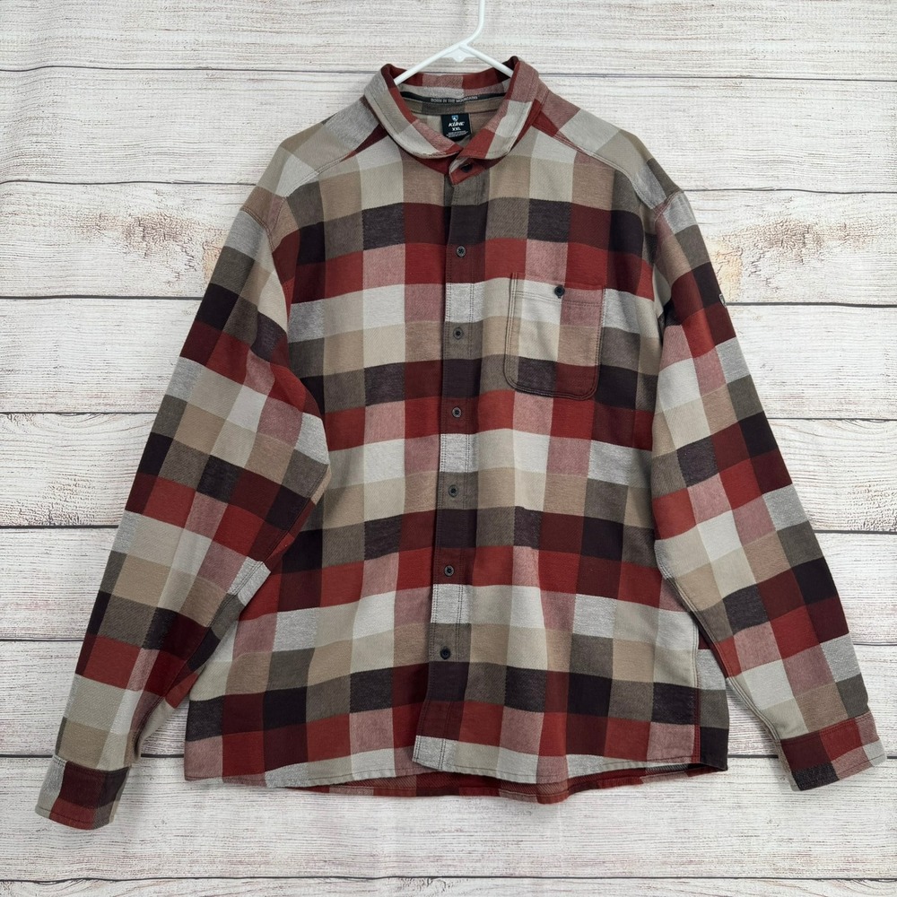 KUHL Flannel Shirt Mens XXL Red Brown Plaid Long Sleeve Button Up 7336